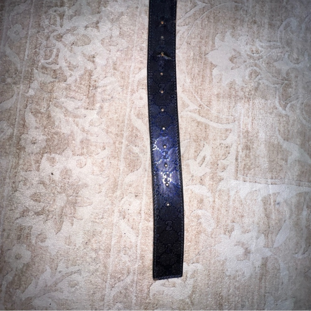 Gucci Navy Monogram GG Logo Leather Belt with Gold Buckle - Picture 7 of 13